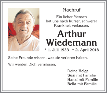 Traueranzeige von Arthur Wiedemann von Allgäuer Zeitung,Kempten