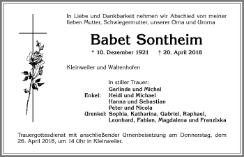 Traueranzeige von Babet Sontheim von Allgäuer Zeitung,Kempten