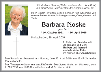 Traueranzeige von Barbara Noske von Allgäuer Zeitung, Marktoberdorf