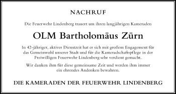 Traueranzeige von Bartholomäus Zürn von Der Westallgäuer