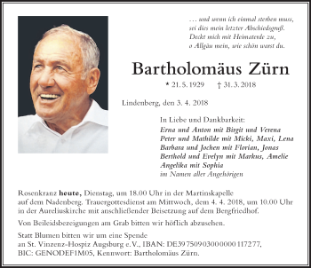 Traueranzeige von Bartholomäus Zürn von Der Westallgäuer