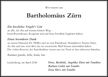 Traueranzeige von Bartholomäus Zürn von Der Westallgäuer