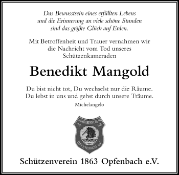Traueranzeige von Benedikt Mangold von Der Westallgäuer