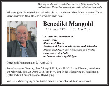 Traueranzeige von Benedikt Mangold von Der Westallgäuer