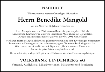 Traueranzeige von Benedikt Mangold von Der Westallgäuer
