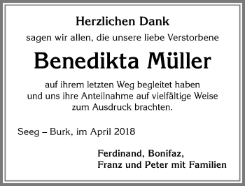 Traueranzeige von Benedikta Müller von Allgäuer Zeitung, Füssen