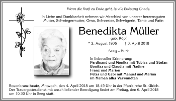 Traueranzeige von Benedikta Müller von Allgäuer Zeitung, Füssen