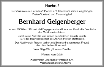 Traueranzeige von Bernhard Geigenberger von Allgäuer Zeitung, Kaufbeuren/Buchloe