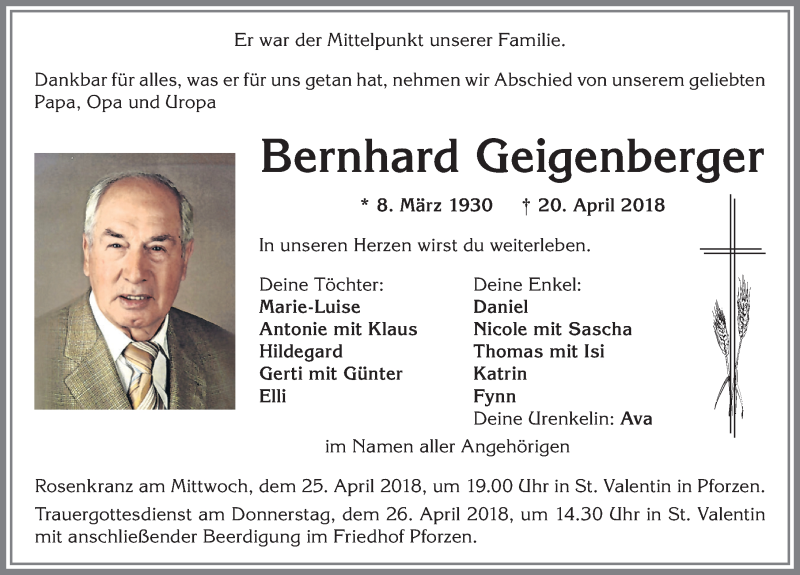  Traueranzeige für Bernhard Geigenberger vom 24.04.2018 aus Allgäuer Zeitung, Kaufbeuren/Buchloe