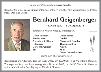 Traueranzeige von Bernhard Geigenberger von Allgäuer Zeitung, Kaufbeuren/Buchloe