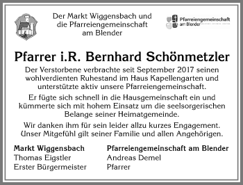Traueranzeige von Bernhard Schönmetzler von Allgäuer Zeitung,Kempten