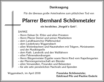 Traueranzeige von Bernhard Schönmetzler von Allgäuer Zeitung,Kempten
