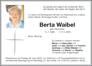 Traueranzeige von Berta Waibel von Memminger Zeitung