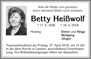 Traueranzeige von Betty Heißwolf von Allgäuer Zeitung,Kempten