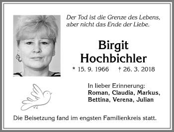 Traueranzeige von Birgit Hochbichler von Allgäuer Zeitung,Kempten