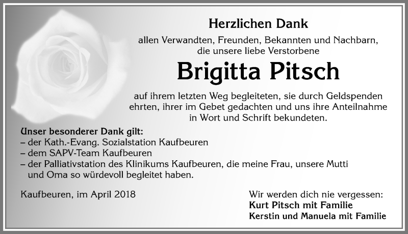  Traueranzeige für Brigitta Pitsch vom 14.04.2018 aus Allgäuer Zeitung, Kaufbeuren/Buchloe