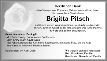 Traueranzeige von Brigitta Pitsch von Allgäuer Zeitung, Kaufbeuren/Buchloe