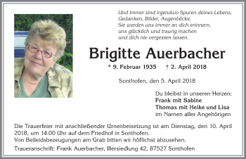 Traueranzeige von Brigitte Auerbacher von Allgäuer Anzeigeblatt