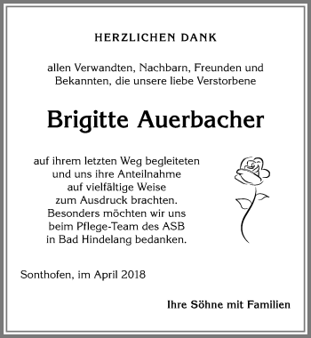 Traueranzeige von Brigitte Auerbacher von Allgäuer Anzeigeblatt