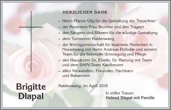 Traueranzeige von Brigitte Dlapal von Allgäuer Zeitung,Kempten