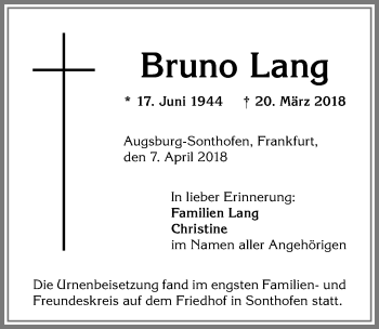 Traueranzeige von Bruno Lang von Allgäuer Anzeigeblatt