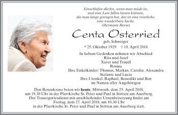 Traueranzeige von Centa Osterried von Allgäuer Zeitung, Marktoberdorf