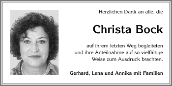 Traueranzeige von Christa Bock von Memminger Zeitung