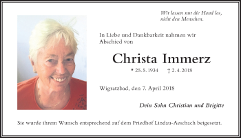 Traueranzeige von Christa Immerz von Der Westallgäuer