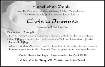 Traueranzeige von Christa Immerz von Der Westallgäuer