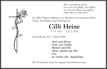 Traueranzeige von Cilli Heine von Der Westallgäuer