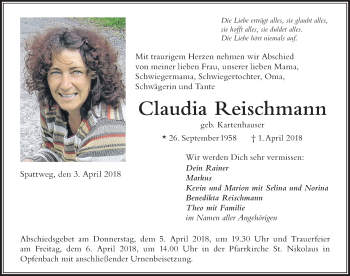 Traueranzeige von Claudia Reischmann von Der Westallgäuer