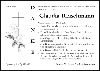 Traueranzeige von Claudia Reischmann von Der Westallgäuer