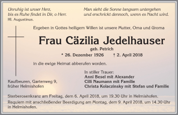 Traueranzeige von Cäzilia Jedelhauser von Allgäuer Zeitung, Kaufbeuren/Buchloe