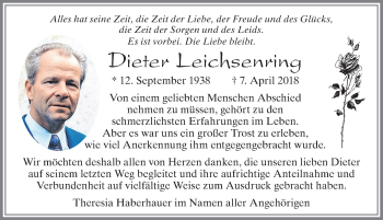 Traueranzeige von Dieter Leichsenring von Allgäuer Zeitung, Marktoberdorf
