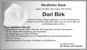 Traueranzeige von Dori Birk von Allgäuer Zeitung, Kaufbeuren/Buchloe