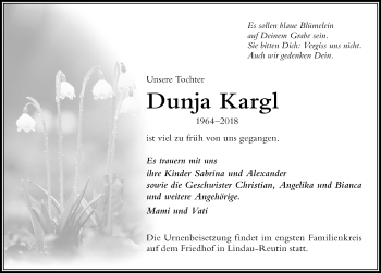 Traueranzeige von Dunja Kargl von Der Westallgäuer