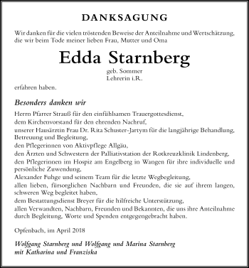 Traueranzeige von Edda Starnberg von Der Westallgäuer