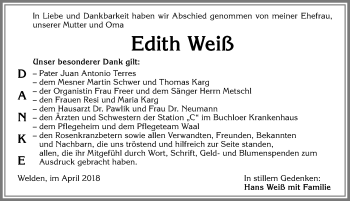 Traueranzeige von Edith Weiß von Allgäuer Zeitung