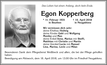 Traueranzeige von Egon Kopperberg von Allgäuer Zeitung, Kaufbeuren/Buchloe