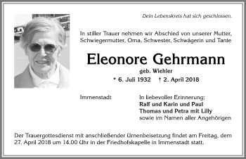 Traueranzeige von Eleonore Gehrmann von Allgäuer Anzeigeblatt