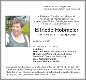 Traueranzeige von Elfriede Hobmeier von Allgäuer Zeitung,Kempten