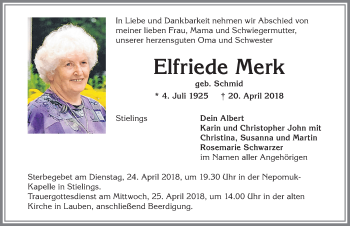 Traueranzeige von Elfriede Merk von Allgäuer Zeitung,Kempten