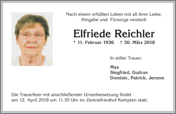 Traueranzeige von Elfriede Reichler von Allgäuer Zeitung,Kempten