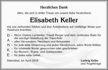 Traueranzeige von Elisabeth Keller von Allgäuer Zeitung,Kempten