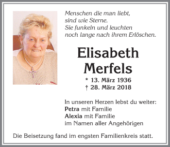 Traueranzeige von Elisabeth Merfels von Allgäuer Zeitung,Kempten