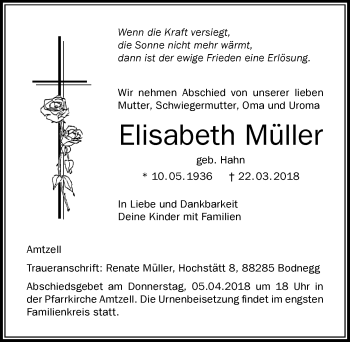 Traueranzeige von Elisabeth Müller von Der Westallgäuer