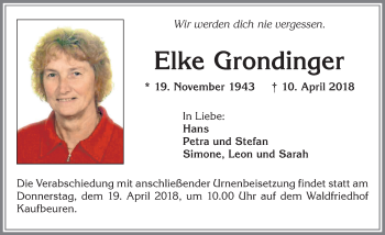 Traueranzeige von Elke Grondinger von Allgäuer Zeitung, Kaufbeuren/Buchloe