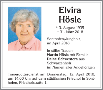 Traueranzeige von Elvira Hösle von Allgäuer Anzeigeblatt