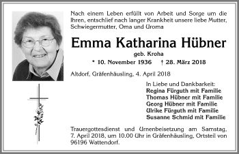 Traueranzeige von Emma Katharina Hübner von Allgäuer Zeitung, Marktoberdorf