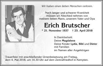 Traueranzeige von Erich Brutscher von Allgäuer Zeitung,Kempten